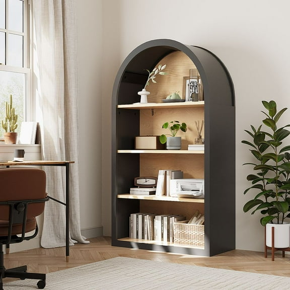 MINESTIA Arched Bookshelf, 43" Tall Bookcase, Vintage 4 Tier Open Shelf Display Cabinet, Anti-Tipping Design for Home Office, Living Room or Study, Black