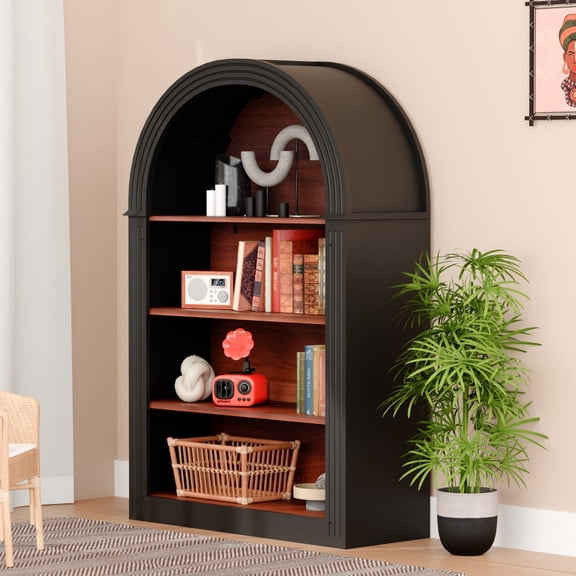MINESTIA Arched Bookshelf, 45.67" Tall Wood Open Bookcase Display Shelf, 4 Tiers Freestanding Arched Cabinet Arch Bookshelves for Living Room, Bedroom, Black