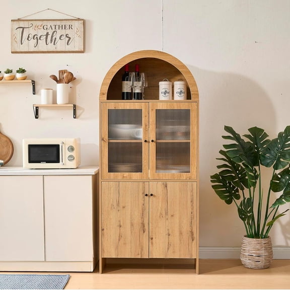 MINESTIA Arched Kitchen Pantry Cabinet, Tall Wood Storage Cabinets with Doors and Adjustable Shelves