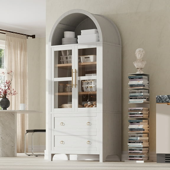 MINESTIA Arched Kitchen Pantry Cabinet with Glass Door&2 Large Drawers, Modern Farmhouse Kitchen Storage Cabinets W/Adjustable Shelves for Kitchens