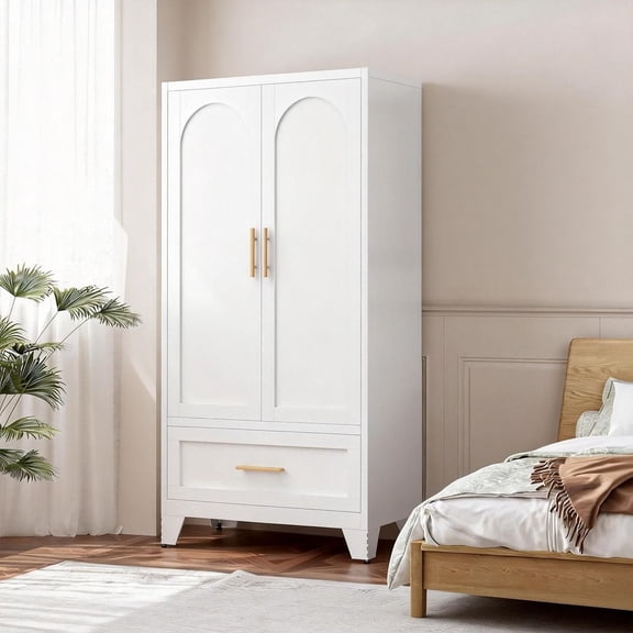 MINESTIA Armoire Wardrobe Closet, 60" Tall Metal Wardrobe Cabinet with 1 Drawer & Hanging Rod for Bedroom, Office, Laundry Room