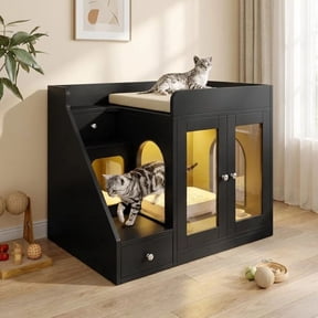 MINESTIA Cat Litter Box Enclosure with Light, Hidden Litter Box Furniture with 2 Storage Drawers, Indoor Cat House Side Table for Living Room
