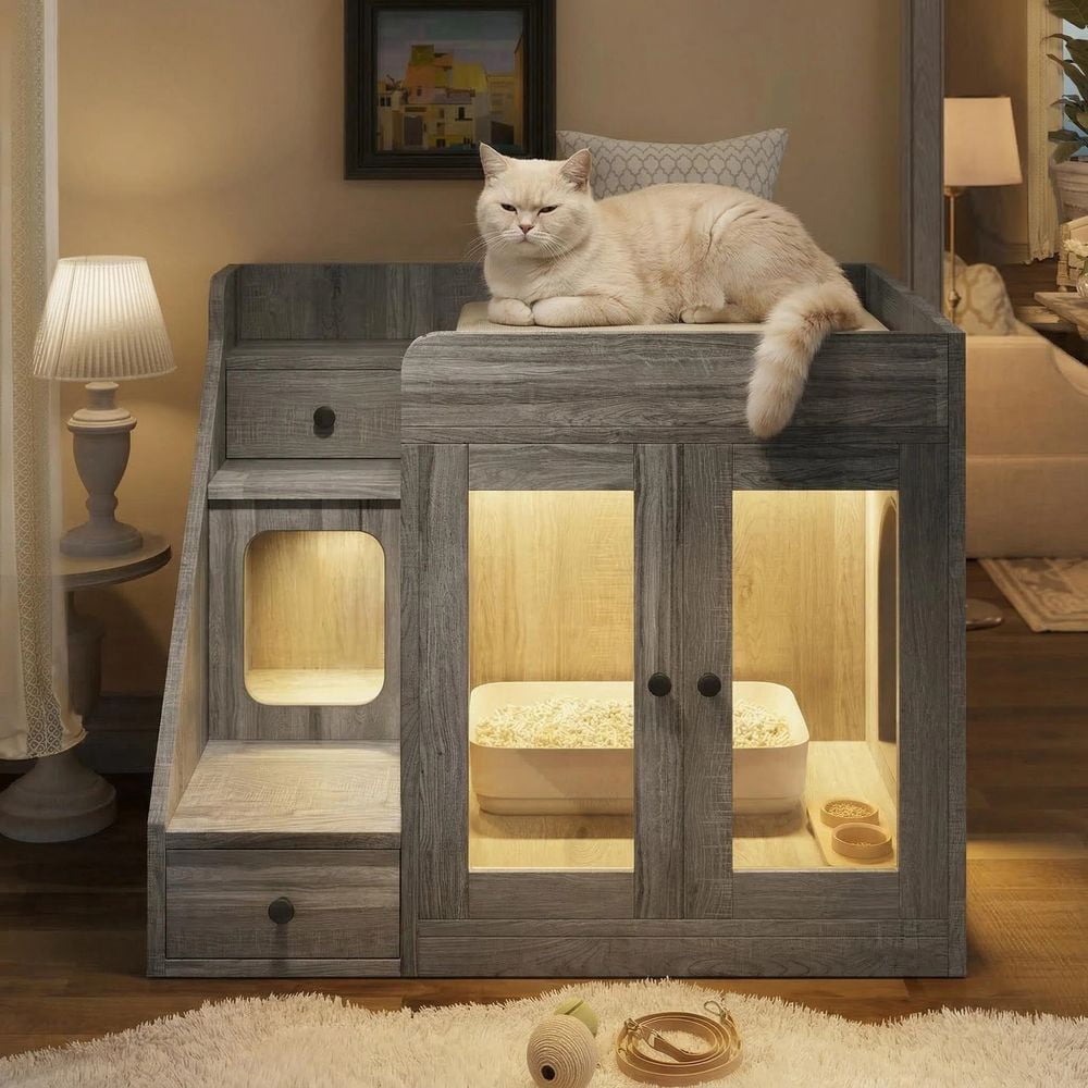 MINESTIA  Cat Litter Box Enclosure with Light, Hidden Litter Box Furniture with 2 Storage Drawers, Indoor Cat House Side Table for Living Room