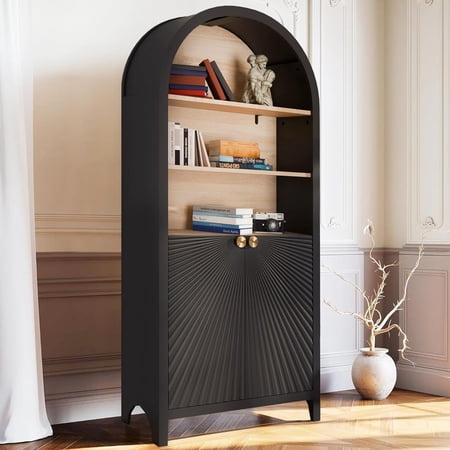 MINESTIA Farmhouse Arched Bookcase, 61" Tall Mid-Century Modern 5-Tier Bookshelf with Door