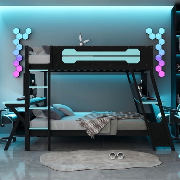 MINESTIA Full Size Bunk Gaming Loft Bed Built-In Gaming Desk, Wooden Loft Bed Frame with USB Desktop Ports & Pegboard Organizer for Teen, Adult