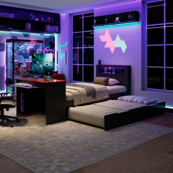 MINESTIA Full Size Gaming Bed with Trundle, Wooden Bed Frame with LED light & USB for Bedroom, No Box Spring Needed