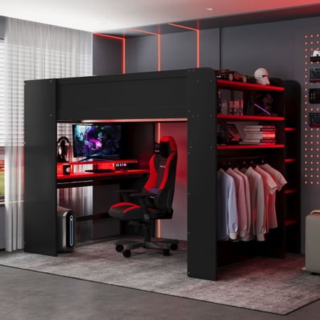 MINESTIA Full Size Gaming Loft Bed with Height-Adjustable Desk, Wooden Loft Bed Frame with RGB Light & Wardrobe for Teens, Adults