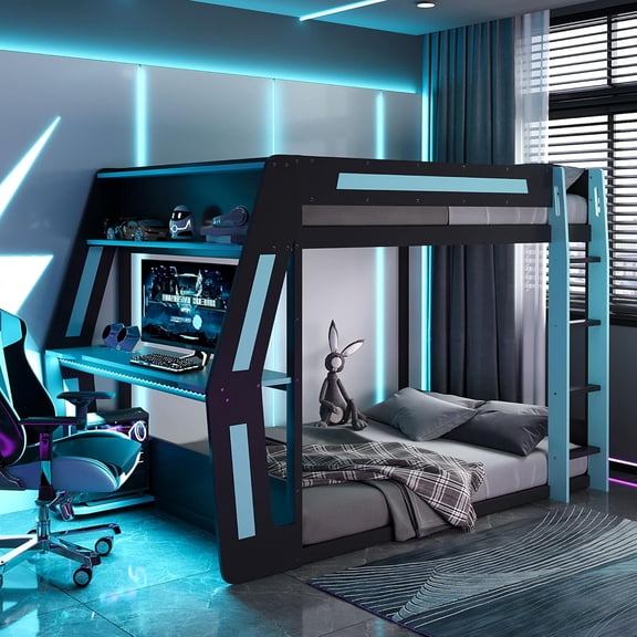 MINESTIA Full Size Gaming Loft Bed with RGB Desk, Heavy-Duty Metal Bunk Loft Bed Frame with USB Charging Ports & Cable Grommet for Adults, Teens