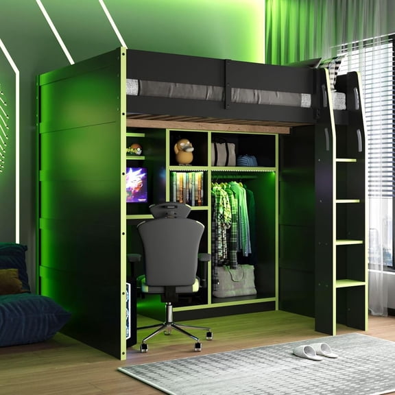 MINESTIA Full Size Wood Gaming Loft Bed with Desk, Wood Loft Bed Frame with Wardrobe Storage & RGB Lights for Teens Adults