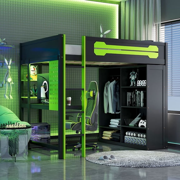 MINESTIA Full Size Wood Loft Bed with Desk & RGB Light, Wooden Loft Bed Frame with Open Wardrobe for Adult, Teens