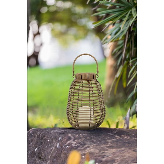 MINESTIA Lantern Lantern, Battery-Operated Hanging Outdoor Lamp Lights Decoration with Realistic White LED Candle and Timer for Patio Porch Garden, 7.9"x7.9"x10.6" inches, Brown