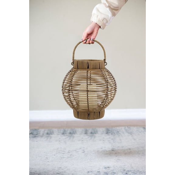 MINESTIA Lantern Lantern, Battery-Operated Hanging Outdoor Lamp Lights Decoration with Realistic White LED Candle and Timer for Patio Porch Garden, 8.7x8.7x9.8", Brown