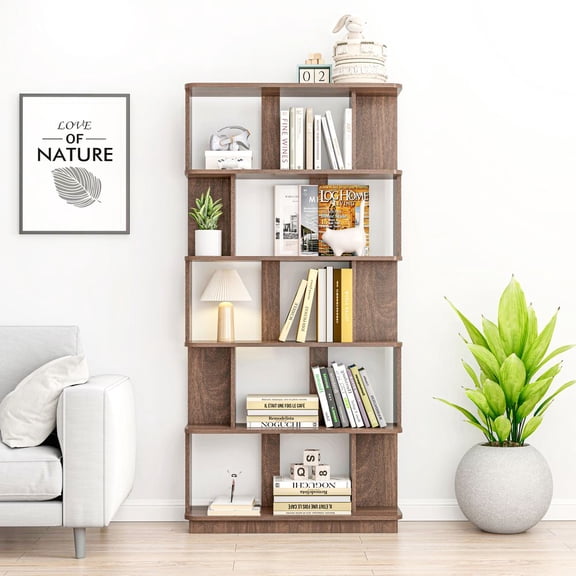 MINESTIA Modern 5-Tier Geometric Bookcase, Wooden S Shaped Display Shelf for Living Room Home Office Bedroom