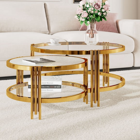 MINESTIA  Modern Round Nesting Coffee Table Set of 2, 32.75" Tempered Glass Center Table with Metal Frame for Living Room