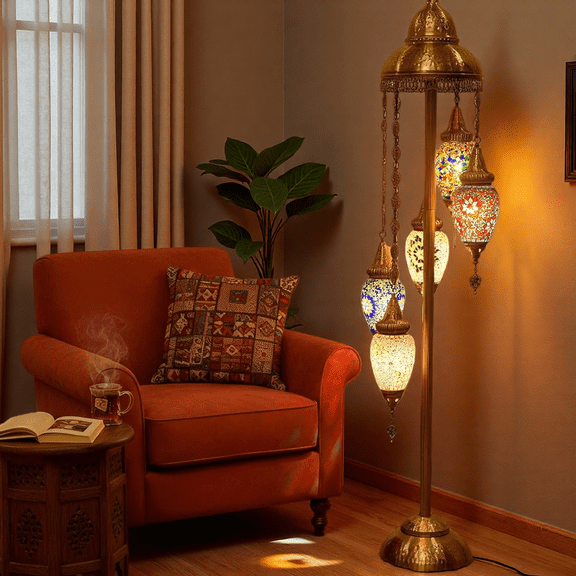 MINESTIA Moroccan Mosaic Floor Lamp, 60.63" Turkish Bohemian Style Living Room Decor, Handcrafted Metal Base, Includes 5 Olive Shape Lampshades
