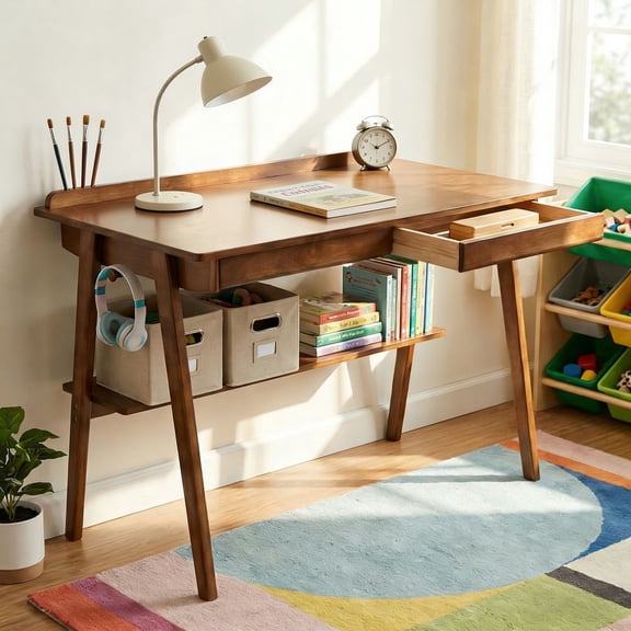 MINESTIA Solid Wood Writing Desk, Home Office Desk for Small Spaces, Mid Century Modern Desks with 2 Drawers & Storage Shelf, Standing Desk with Side Hooks for Study, Bedroom, Office