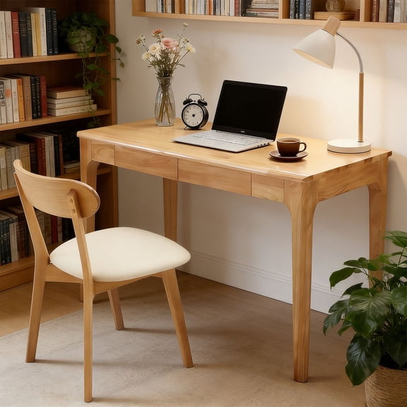 MINESTIA Solid Wood Writing Desk, Home Office Desk for Small Spaces, Mid Century Modern Desks with 2 Drawers & Storage Shelf, Standing Desk with Side Hooks for Study, Bedroom, Office