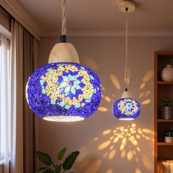 MINESTIA Turkish Moroccan Mosaic Hanging Lamp, Hardwired Pendant Light Fixture with 4.6FT Hemp Rope, Handmade Stained Glass Tiffany Style Ceiling Chandelier