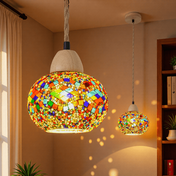 MINESTIA Turkish Moroccan Mosaic Hanging Lamp, Hardwired Pendant Light Fixture with 4.6FT Hemp Rope, Handmade Stained Glass Tiffany Style Ceiling Chandelier