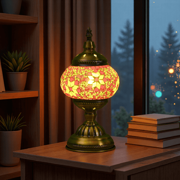 MINESTIA   Turkish Moroccan Table Lamp, Handmade Glass Bedside Night Light, 3-Color Adjustable, Decorative Lantern with Bronze Base