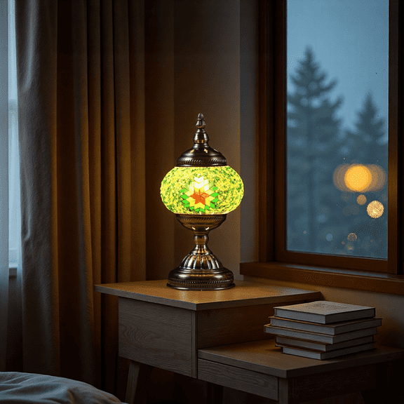MINESTIA  Turkish Moroccan Table Lamp, Handmade Glass Bedside Night Light with Metal Base, Decorative Lantern