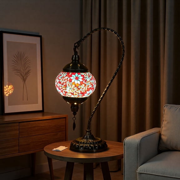 MINESTIA  Turkish Moroccan Table Lamp, Handmade Swan Neck Tiffany Mosaic Glass Bedside Lamp for Bedroom