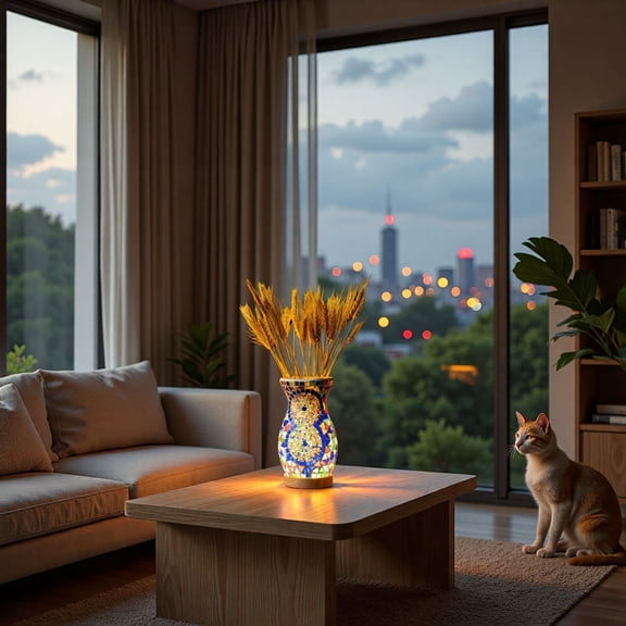 MINESTIA Turkish Mosaic Table Lamp, Handmade Stained Glass Moroccan Vase Lamp with USB Power & Three-Color Light for Living Room, Bedroom Decoration