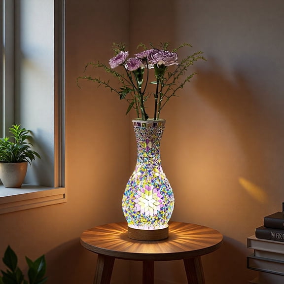 MINESTIA  Turkish Mosaic Table Lamp, Handmade Stained Glass Vase Lamp with USB Power for Living Room, Bedroom Decoration