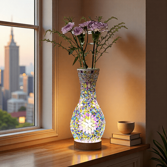 MINESTIA  Turkish Mosaic Table Lamp, Handmade Stained Glass Vase Lamp with USB Power for Living Room, Bedroom Decoration