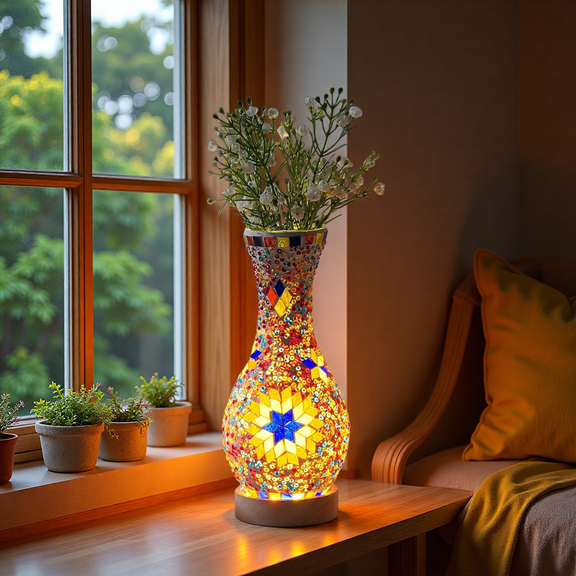 MINESTIA  Turkish Mosaic Table Lamp, Handmade Stained Glass Vase Lamp with USB Power for Living Room, Bedroom Decoration