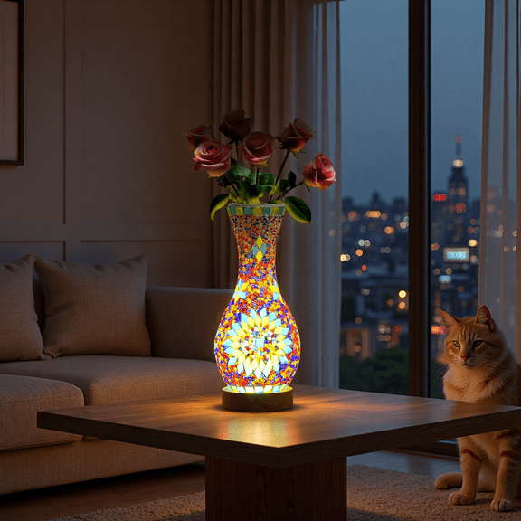 MINESTIA  Turkish Mosaic Table Lamp, Handmade Stained Glass Vase Lamp with USB Power for Living Room, Bedroom Decoration