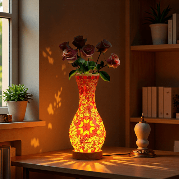 MINESTIA Turkish Mosaic Table Lamp, Handmade Stained Glass Vase Lamp with USB Power for Living Room, Bedroom Decoration