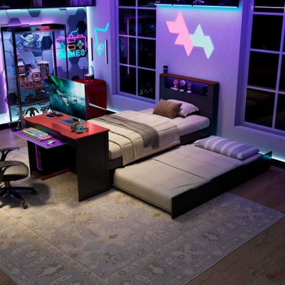 MINESTIA Twin Size Gaming Bed with Trundle, Wooden Bed Frame with LED light & USB for Bedroom, No Box Spring Needed