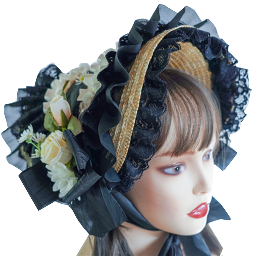 MINGPAI Floral Straw Hat Lolit Straw Hat Teas Party SunHat Lace Fascinators For Women Victorian Headdress Victorian Bonnet
