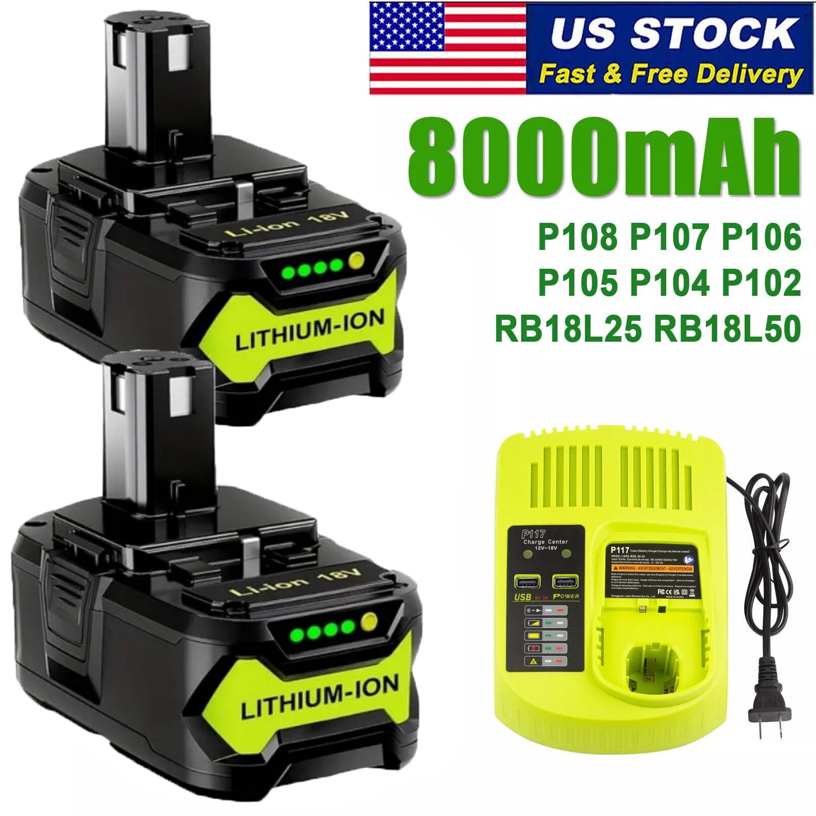 MINGSCI 2Pack 8.0Ah Replacement for Ryobi 18V Battery with P117 Charger Compatible with Ryobi 18 Volt ONE+ Plus P102 P108 P109 Cordless Tools