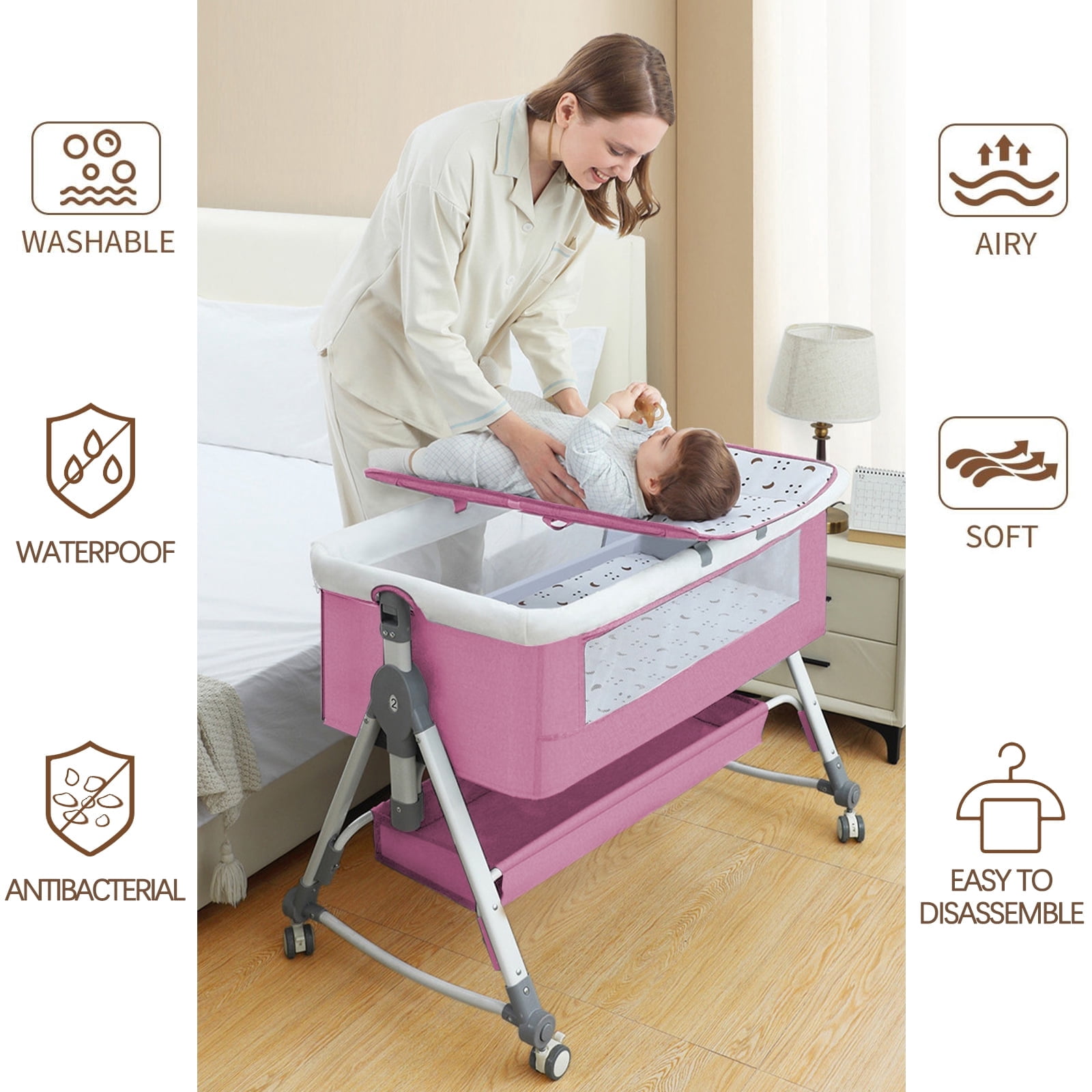 MINGYI 3 in 1 Baby Bassinet & Bedside Sleeper(0-24 months), Foldable Baby Crib with 6 Adjustable Heights and mosquito net, for Newborns and infants (Brownie pink)