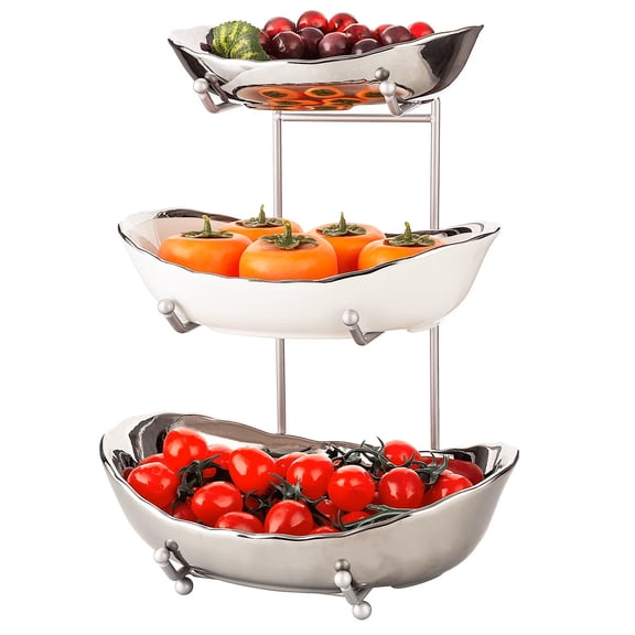 MINGYI 3-Tier Ceramic Fruit Bowl Set with Metal Stand – Silver & White Porcelain Bowls for Kitchen Counter, Stackable Fruit Basket for Vegetables, Bread, Candy, Snacks & Nuts