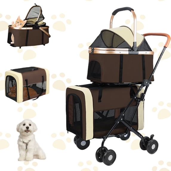 MINGYI 3-in-1Double Pet Stroller,Foldable Portable Pet Travel Strolling Cart for Medium Small Dogs Cats, up to 50lbs(Brown)