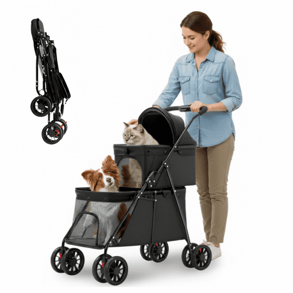 MINGYI 4-in-1 Double Pet Stroller for 2 Medium Small Dogs Cats with 2 Carriage, Durable Universal Wheels with Brakes for Pets Walk (Black)