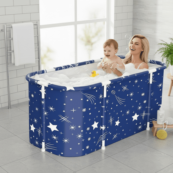 MINGYI 47.2in Large Foldable Bathtub for Adult and Kids, Portable Ice Bathtub Hot Bathtub for Bathroom,Soaking Bath Tub( Starry Blue）
