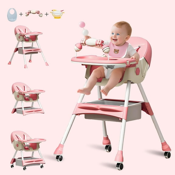 MINGYI 5 in 1 Baby High Chair for Toddlers(6-24 months), Travel Foldable High Chair with Locking Wheels,Adjustable Height, 5-Point Safety Harness（Pink）