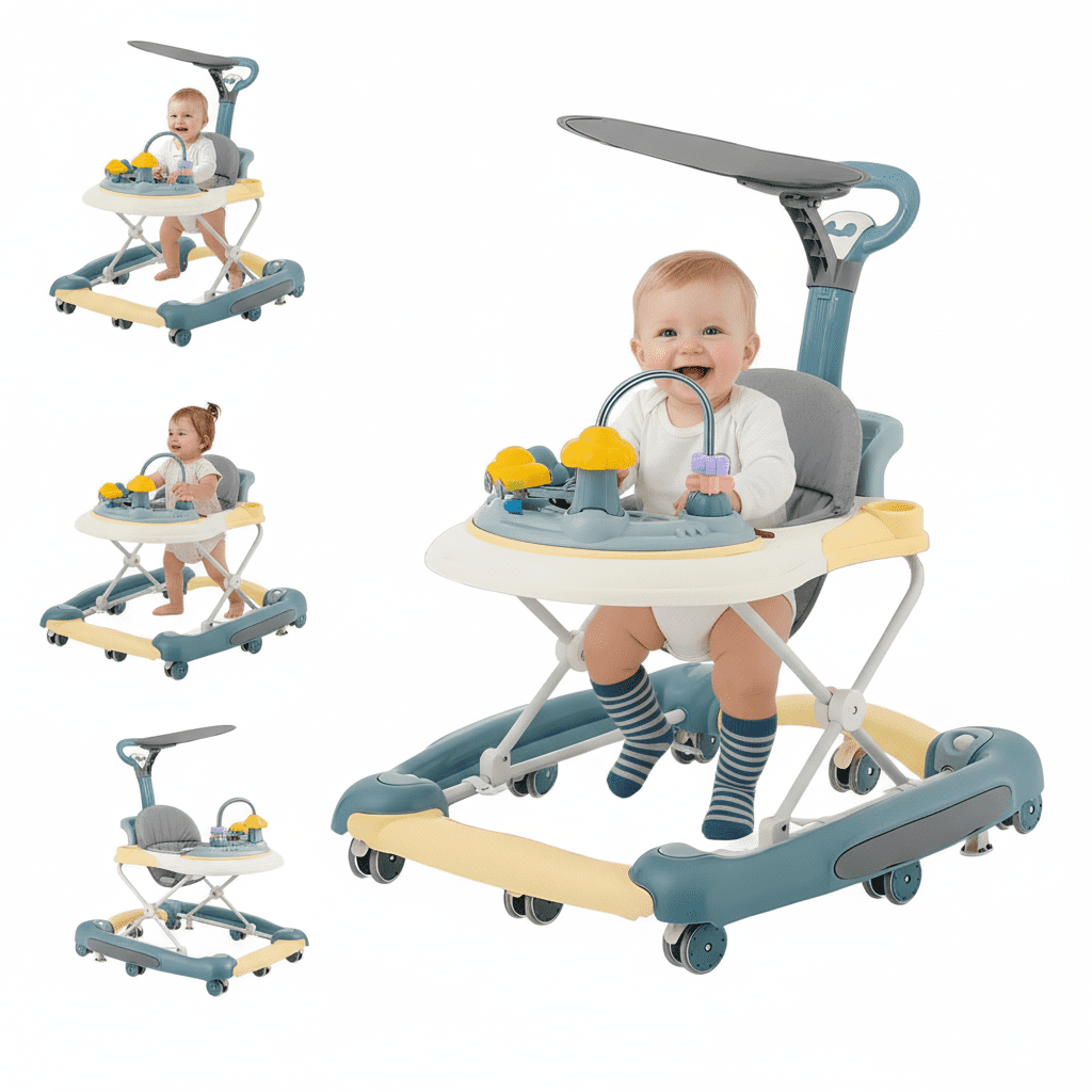 MINGYI 5-in-1 Baby  Walker, Foldable, Height Adjustable, Quiet Wheels, Easy Clean, Green, Suitable for Boys and Girls