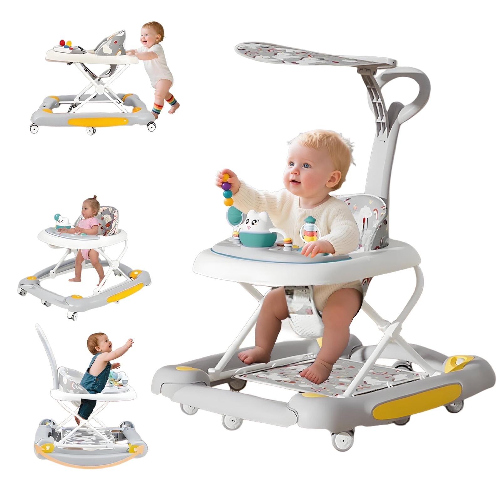 MINGYI 5-in-1 Foldable Baby Walker for 6 Months+ Boys and Girls, Height Adjustable, Push Walker with Wheels(Grey)