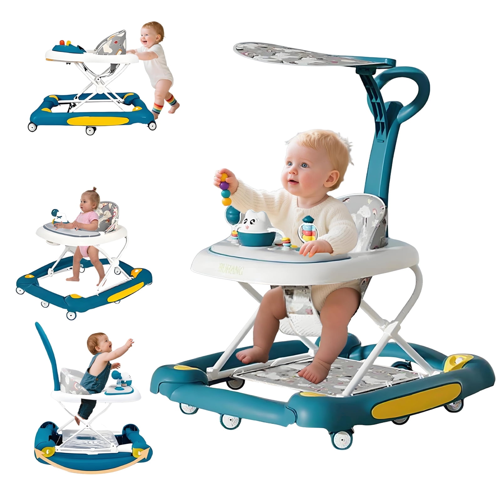 MINGYI 5-in-1 Foldable Baby Walker for Boys and Girls with Wheels, Height Adjustable, Easy Clean,6 Months+ (Dark Green+Yellow)