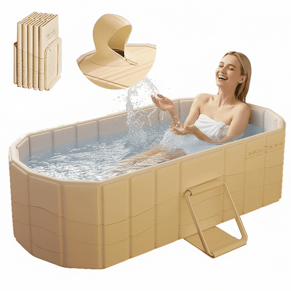 MINGYI 59'' Large Portable Insulated Bathtub for Adult, Inflation-free Bathtub for shower, Hot Ice Collapsible Tub for 2 People, for Bathroom Home & Outdoor (with Cover,Yellow)