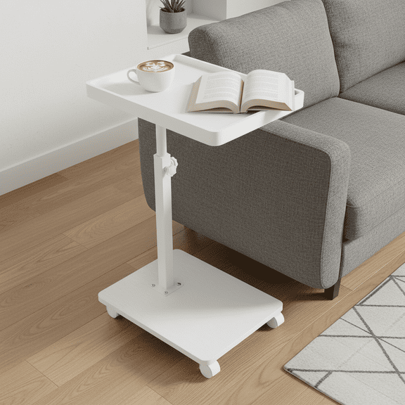 MINGYI C Shaped Side Table,Adjustable Height C Table End Table for Couch,Slide Laptop Desk, for Sofa/Bed/Bathtub (White with Wheels)