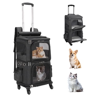 MINGYI Double-Compartment Pet Carrier with Wheels,Dog Backpack Carrier for 2 Small Dogs and Cats,Cat Rolling Carrier for Traveling/Taking a Walk/Trips to The Vet(Black)
