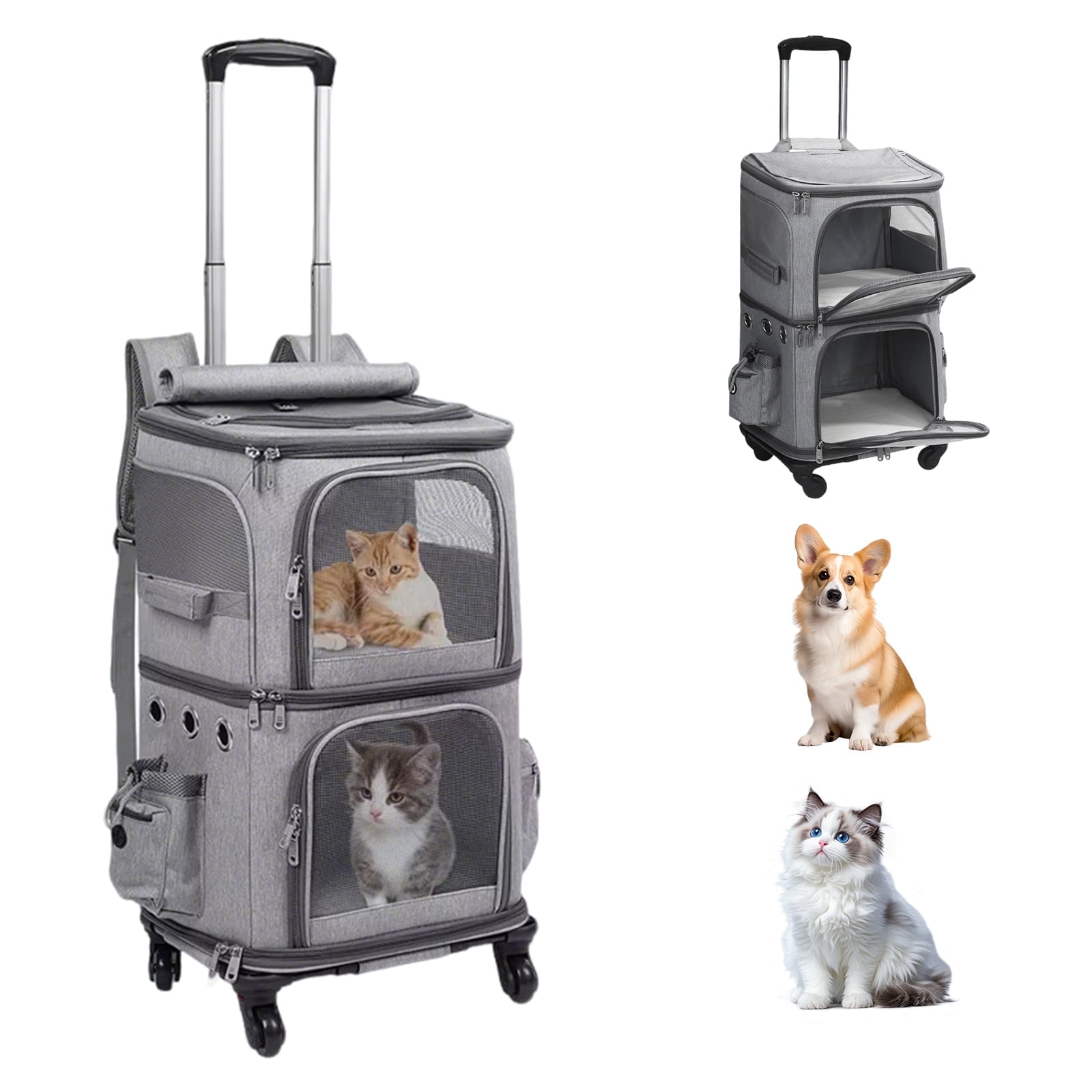MINGYI Double-Compartment Pet Carrier with Wheels,Dog Backpack Carrier for 2 Small Dogs and Cats,Cat Rolling Carrier for Traveling/Taking a Walk/Trips to The Vet(Grey)