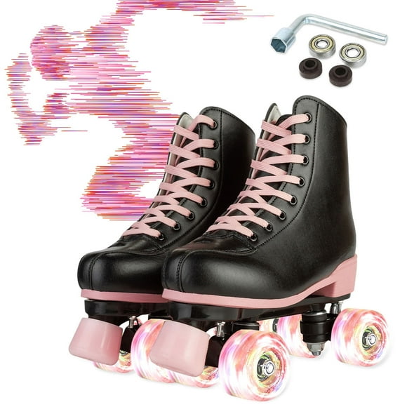 MINGYI Pink&Black Roller Skates for Women Girls, High Top Quad Skates with Light up Wheels for Adult Teen(Women's 8 / Men's 7)