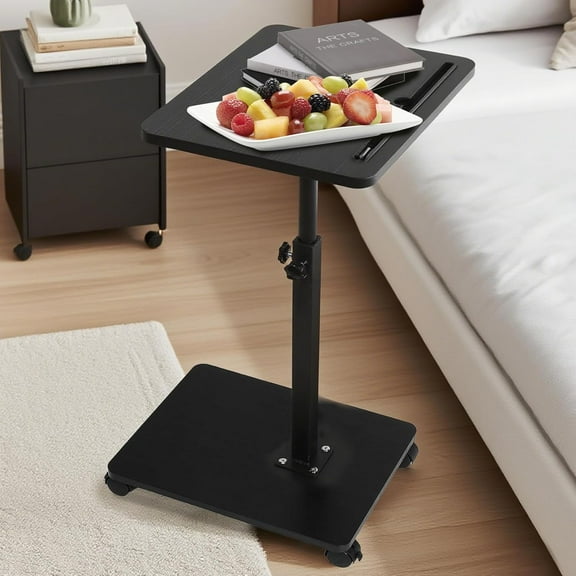 MINGYI Sofa Tray Table with Phone & Tablet Slot,C-Shaped End Table with Wheels - 360° Swivel Height Adjustable Side Table for Small Spaces (Black)